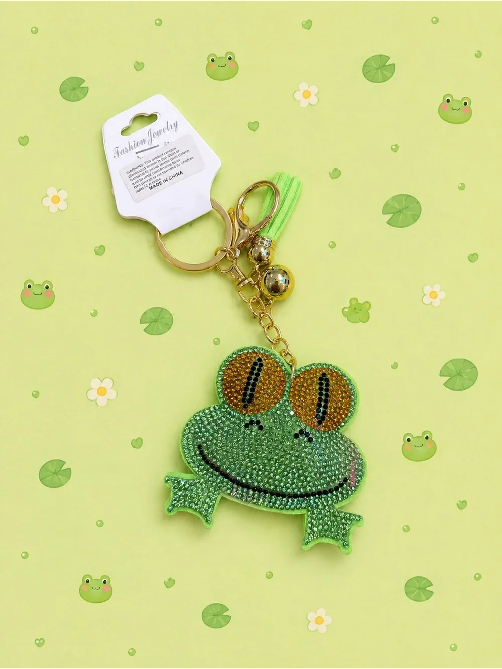Handmade frog beaded pen with a Green rhinestone frog keychain/bag charm